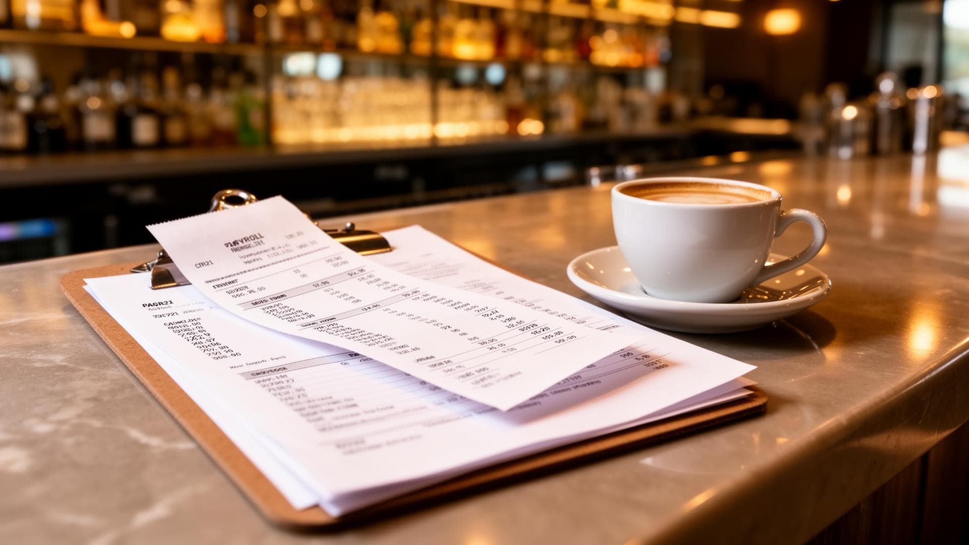 Payroll documents on a bar counter